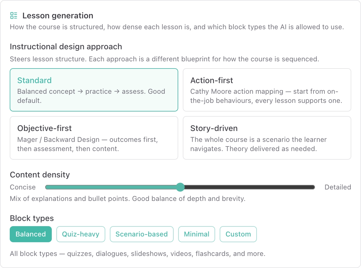 Instructional approach, density, and block-type selection